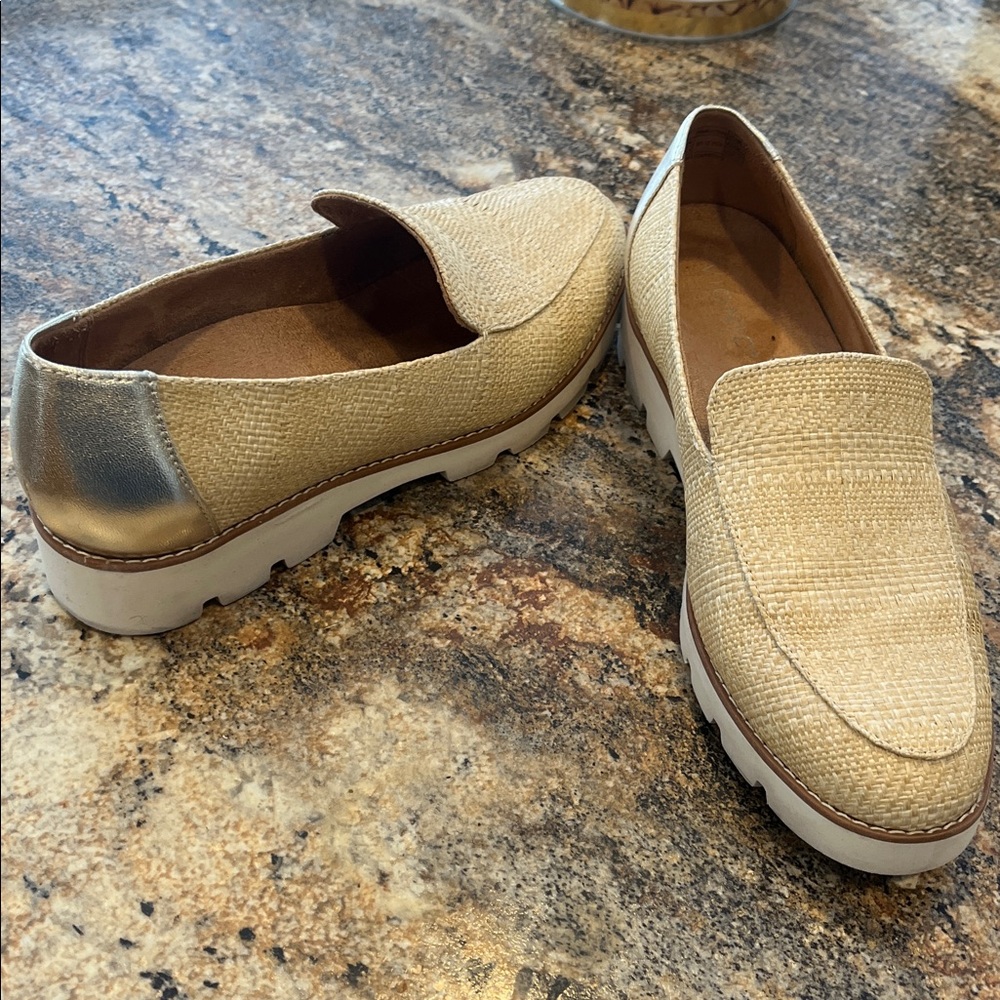 Beige Loafers with  gold heel  Accent